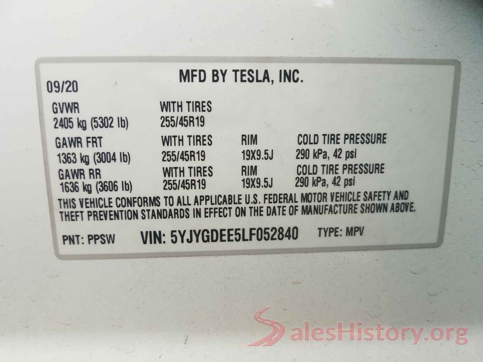 5YJYGDEE5LF052840 2020 TESLA MODEL Y