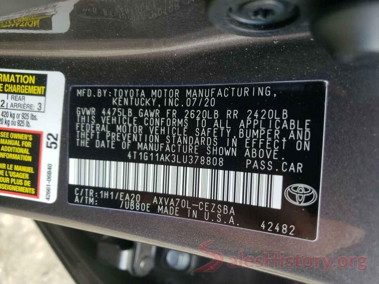 4T1G11AK3LU378808 2020 TOYOTA CAMRY