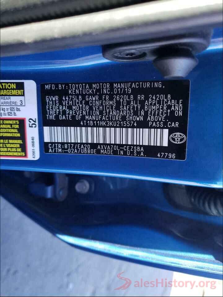 4T1B11HK3KU215574 2019 TOYOTA CAMRY