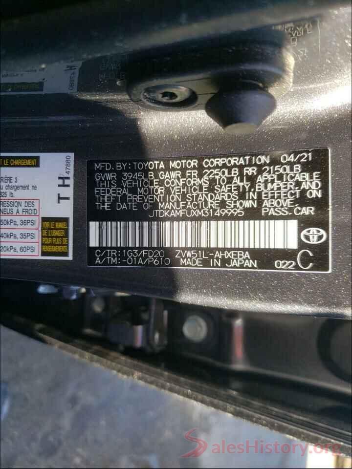 JTDKAMFUXM3149995 2021 TOYOTA PRIUS