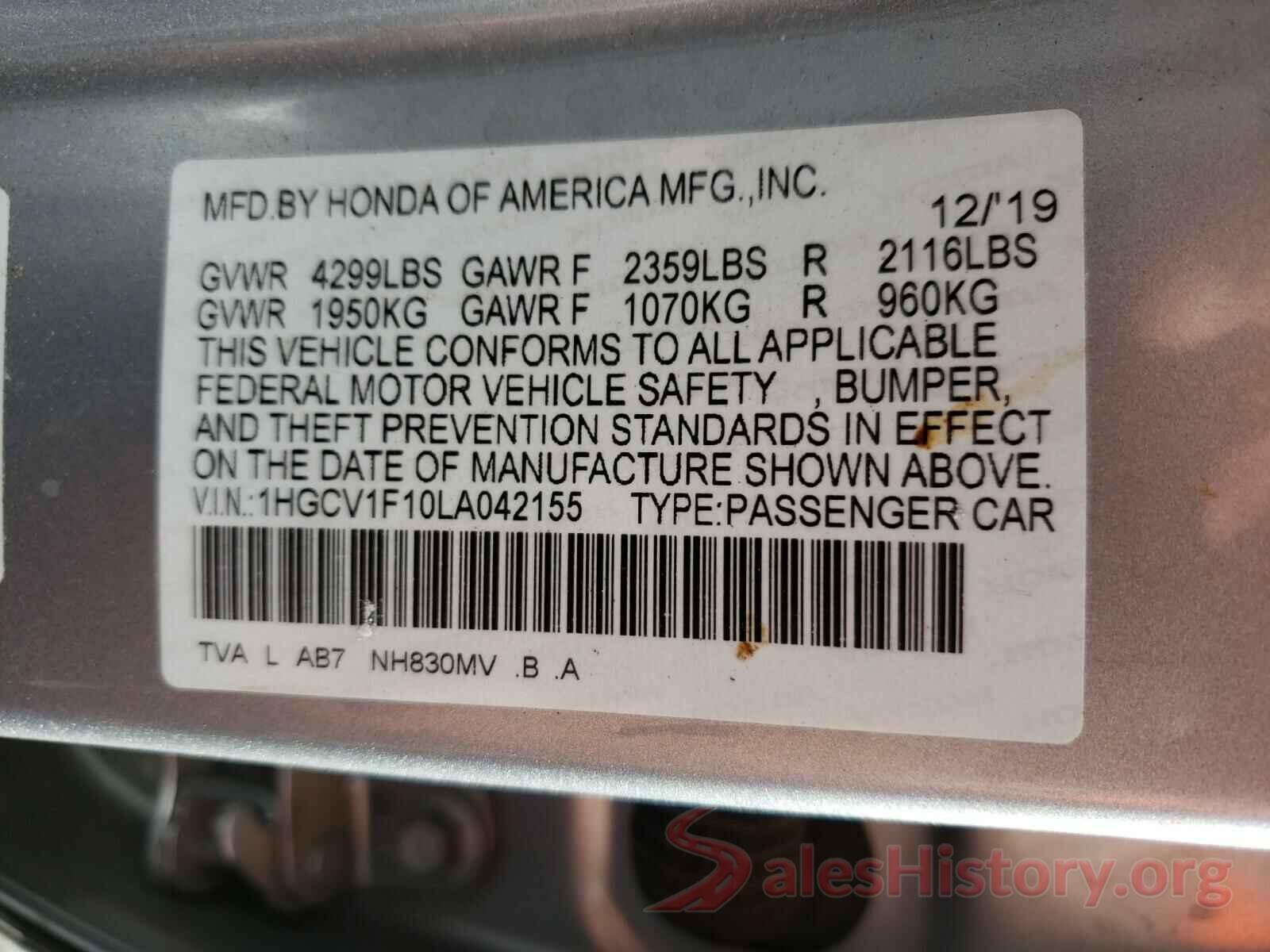 1HGCV1F10LA042155 2020 HONDA ACCORD