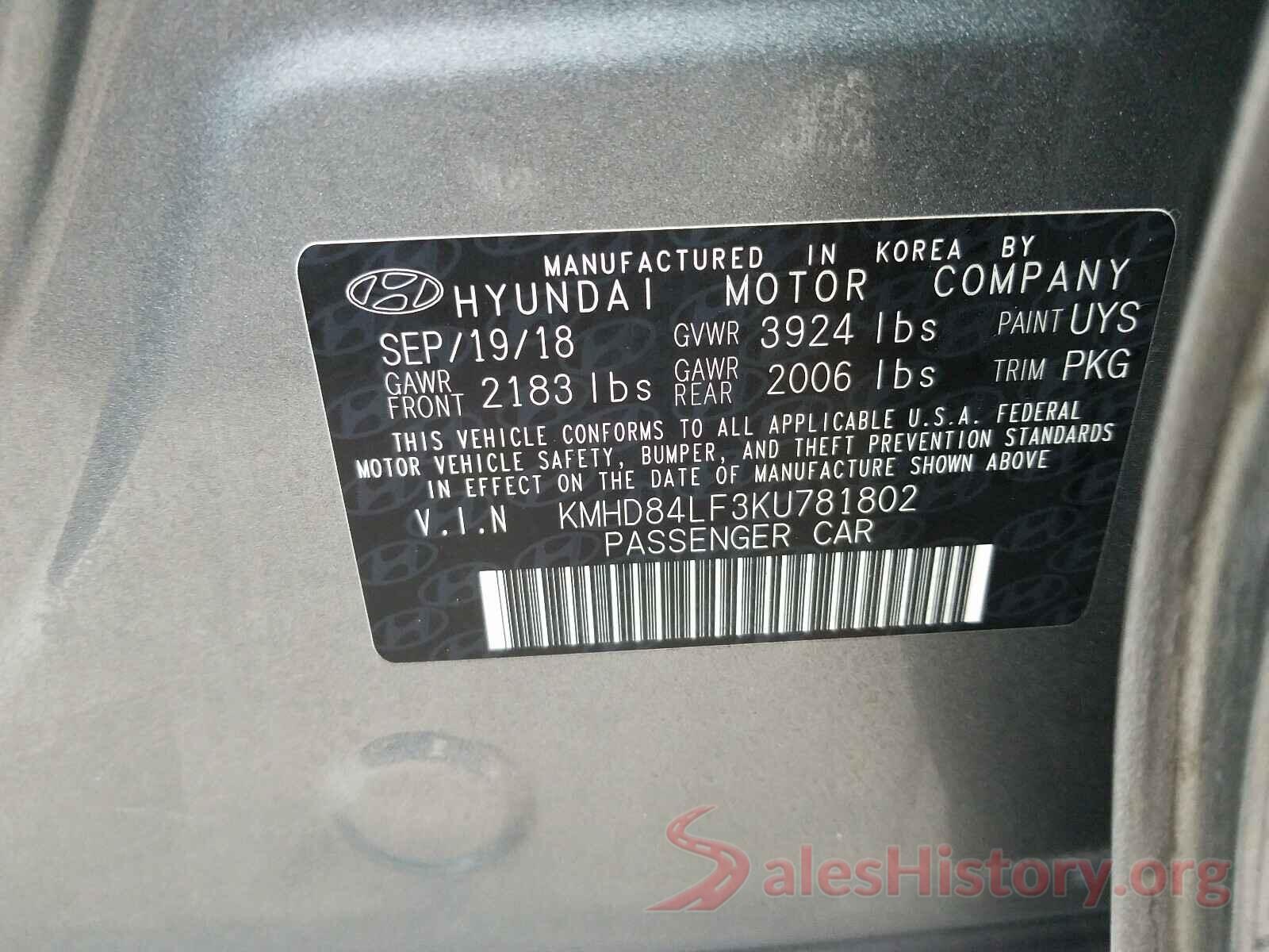 KMHD84LF3KU781802 2019 HYUNDAI ELANTRA