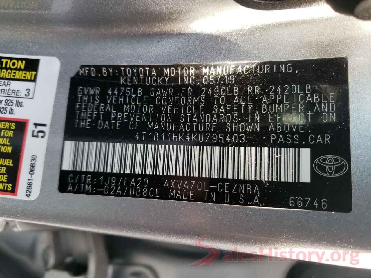 4T1B11HK4KU795403 2019 TOYOTA CAMRY