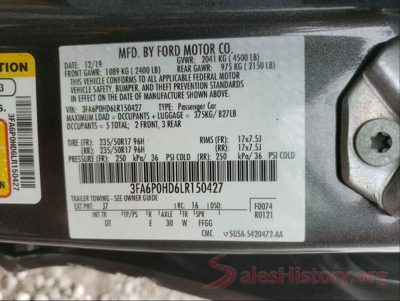 3FA6P0HD6LR150427 2020 FORD FUSION