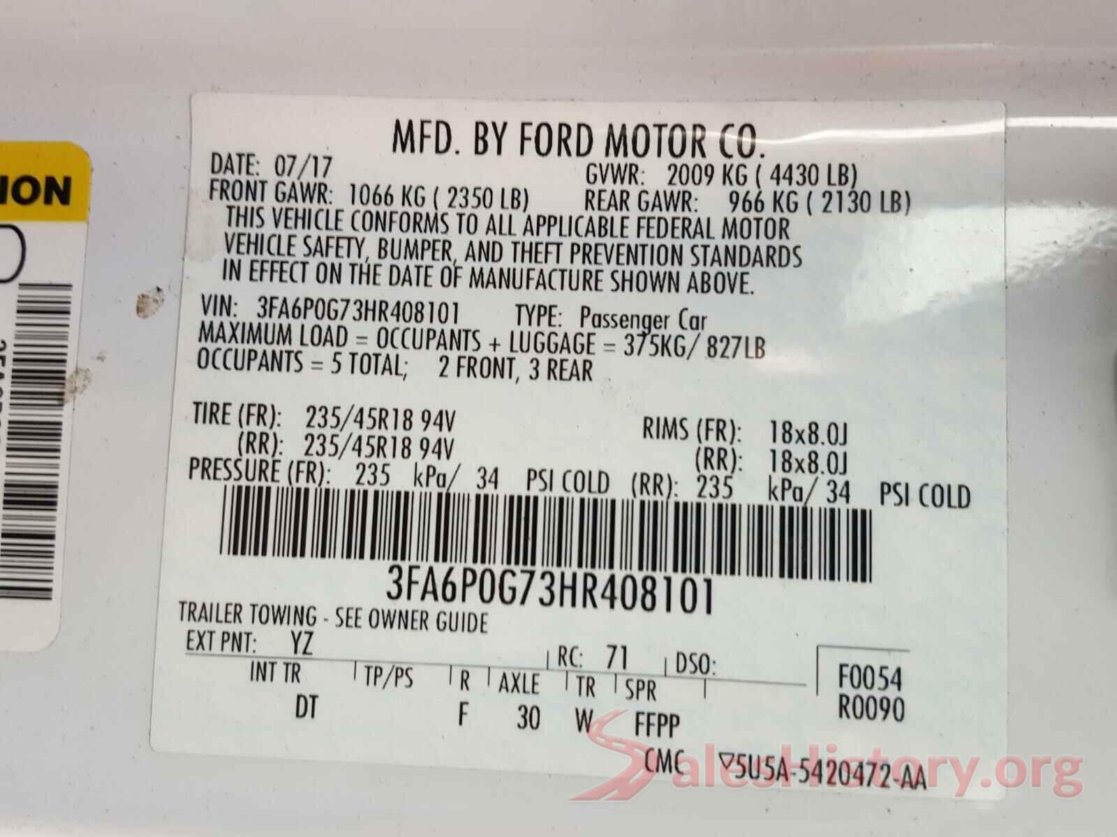 3FA6P0G73HR408101 2017 FORD FUSION