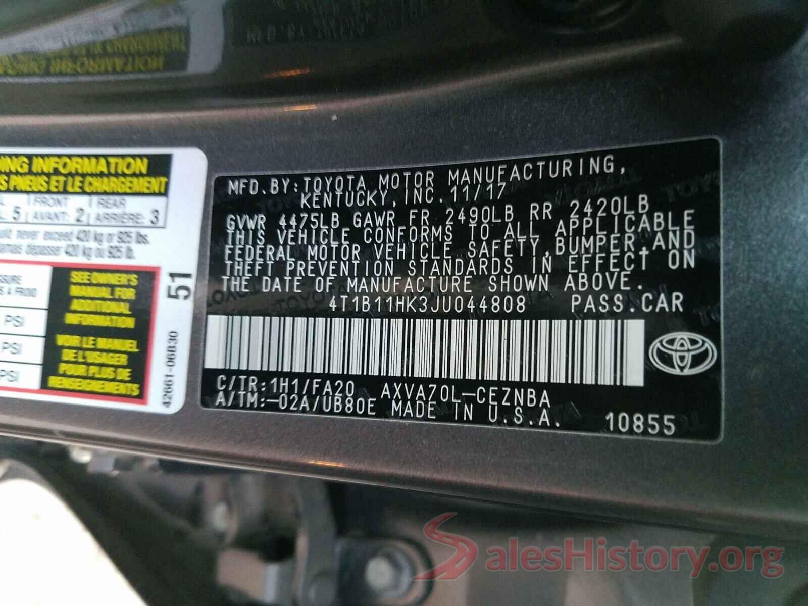 4T1B11HK3JU044808 2018 TOYOTA CAMRY