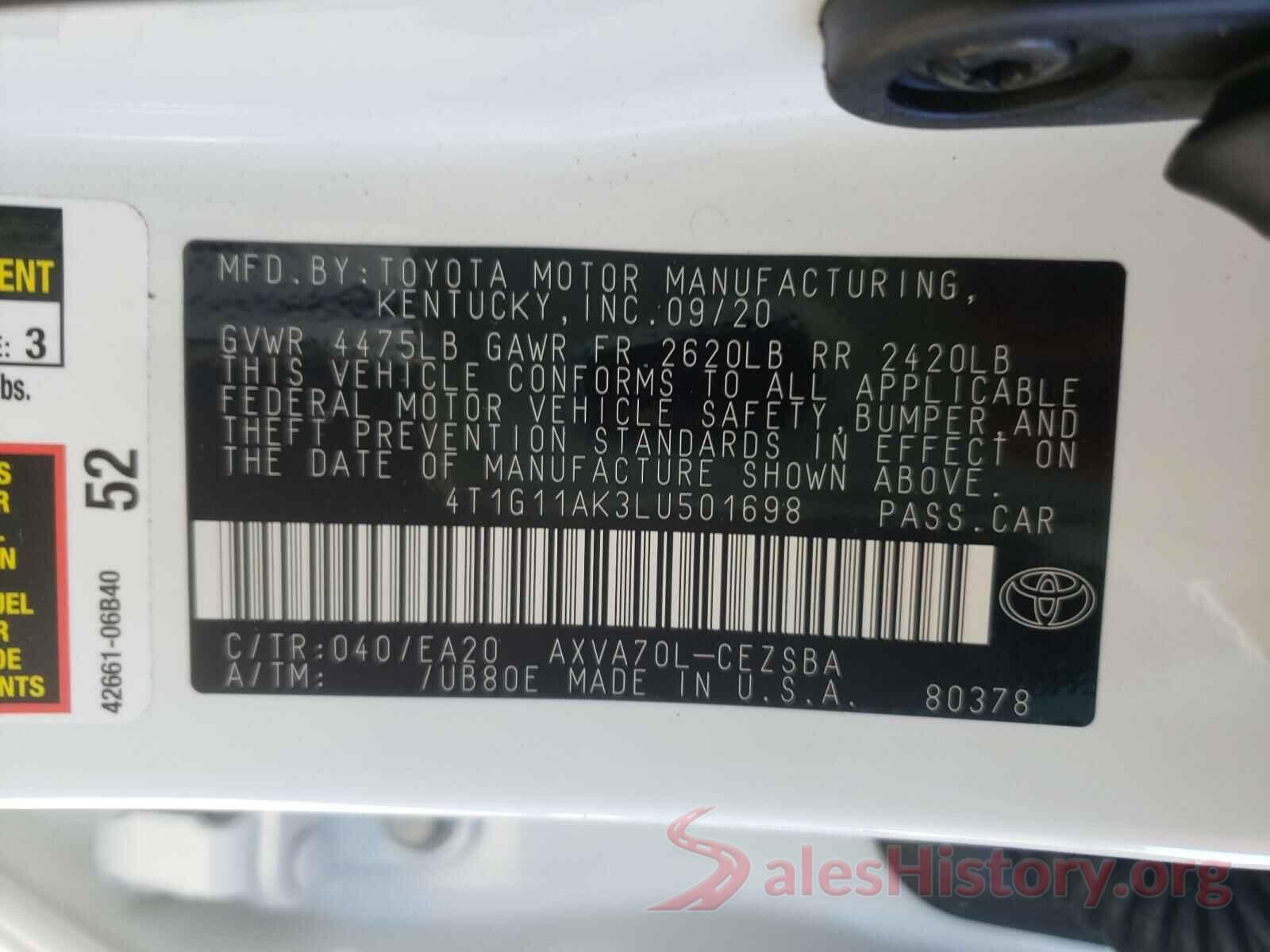 4T1G11AK3LU501698 2020 TOYOTA CAMRY