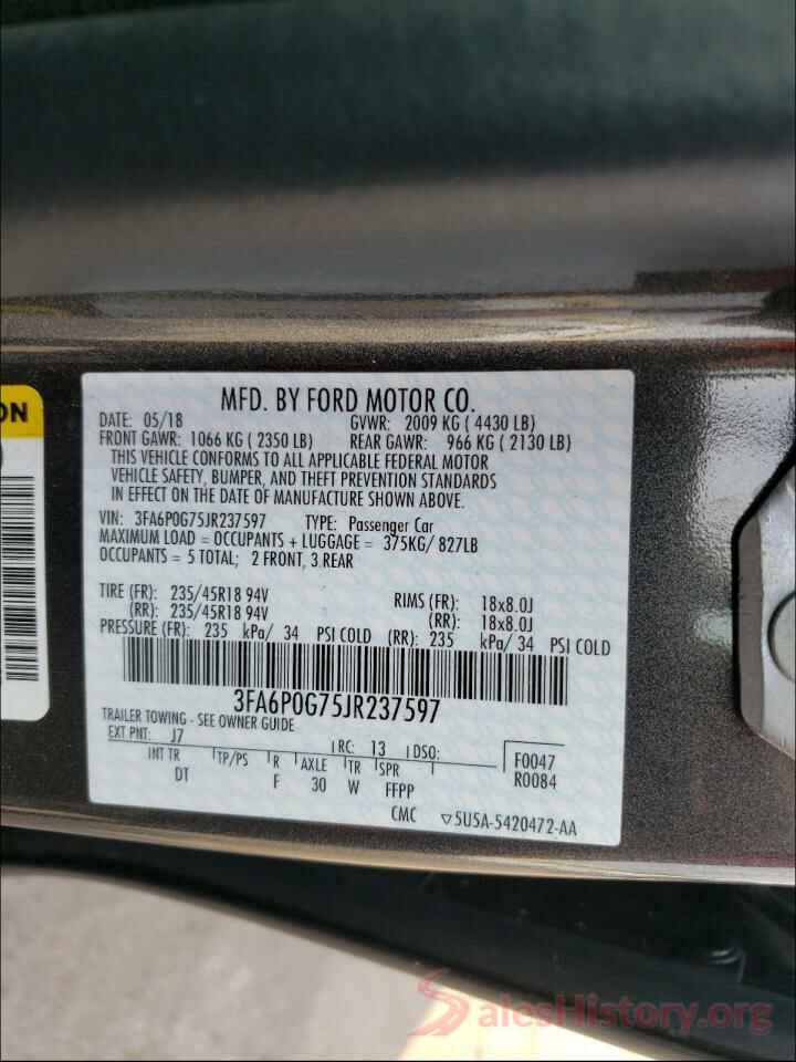 3FA6P0G75JR237597 2018 FORD FUSION