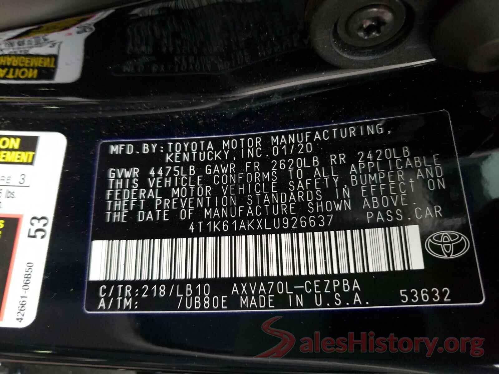 4T1K61AKXLU926637 2020 TOYOTA CAMRY