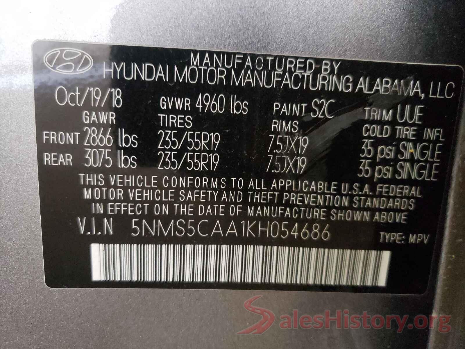 5NMS5CAA1KH054686 2019 HYUNDAI SANTA FE