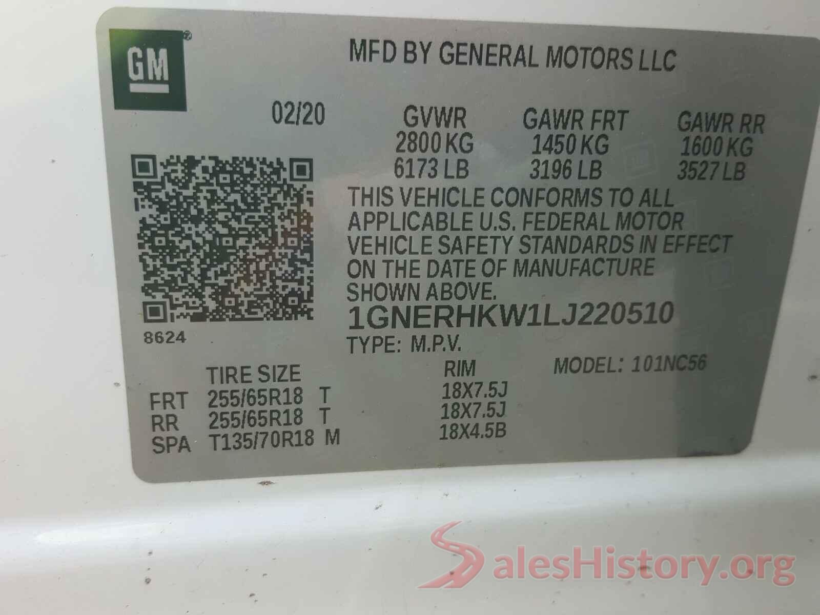 1GNERHKW1LJ220510 2020 CHEVROLET TRAVERSE