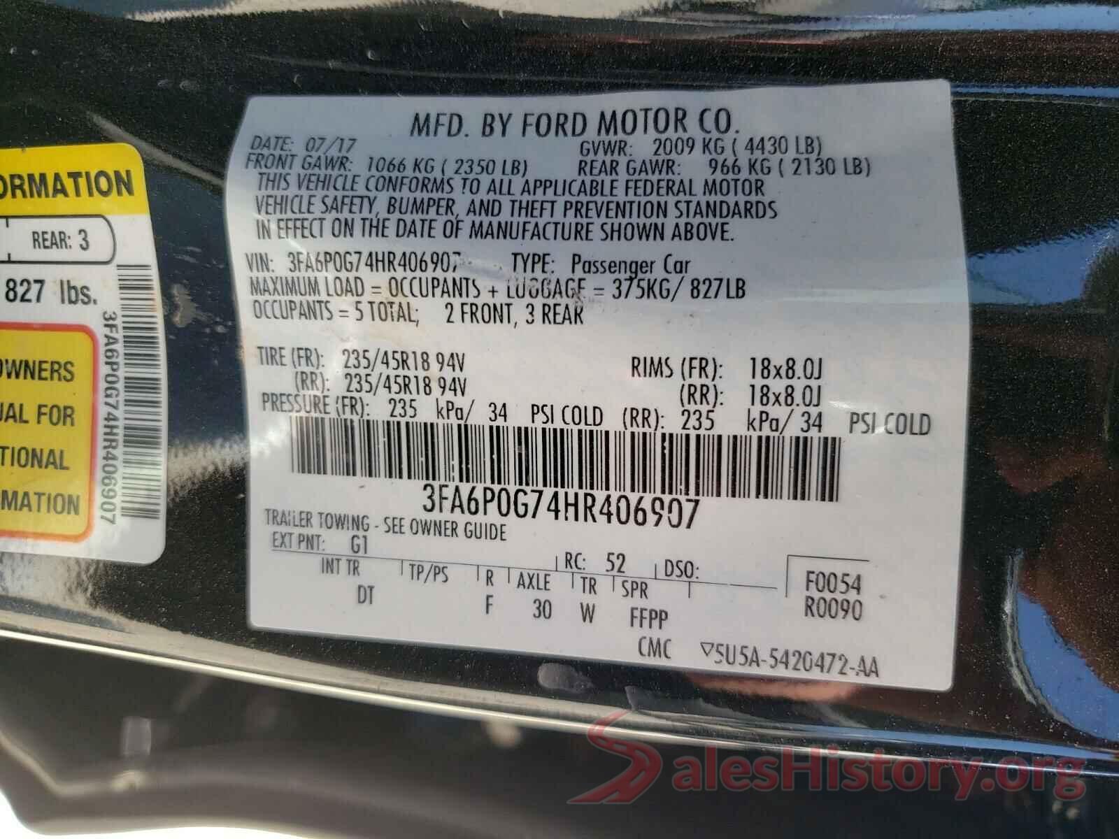 3FA6P0G74HR406907 2017 FORD FUSION