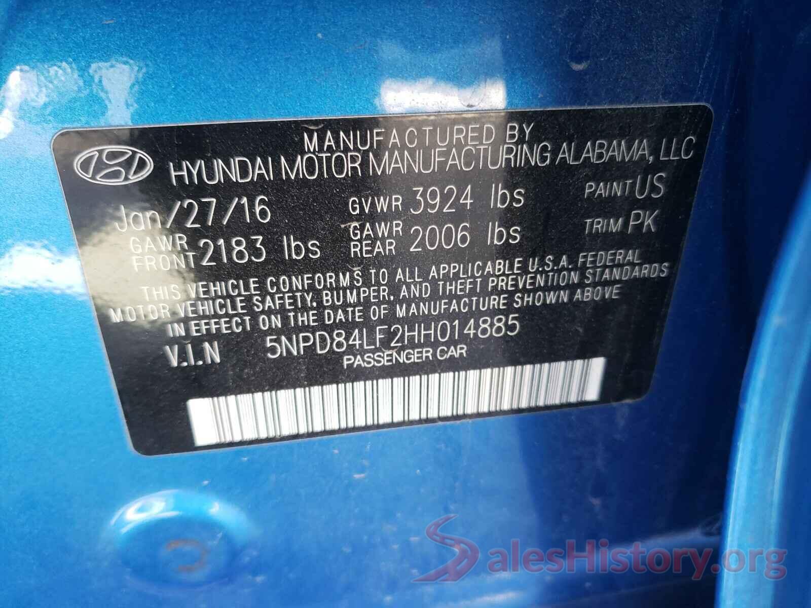 5NPD84LF2HH014885 2017 HYUNDAI ELANTRA