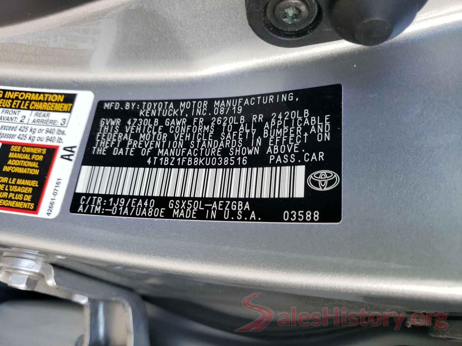 4T1BZ1FB8KU038516 2019 TOYOTA AVALON