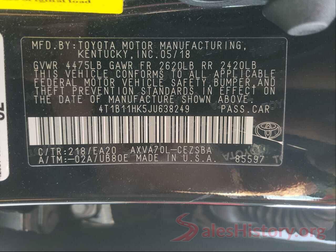 4T1B11HK5JU638249 2018 TOYOTA CAMRY