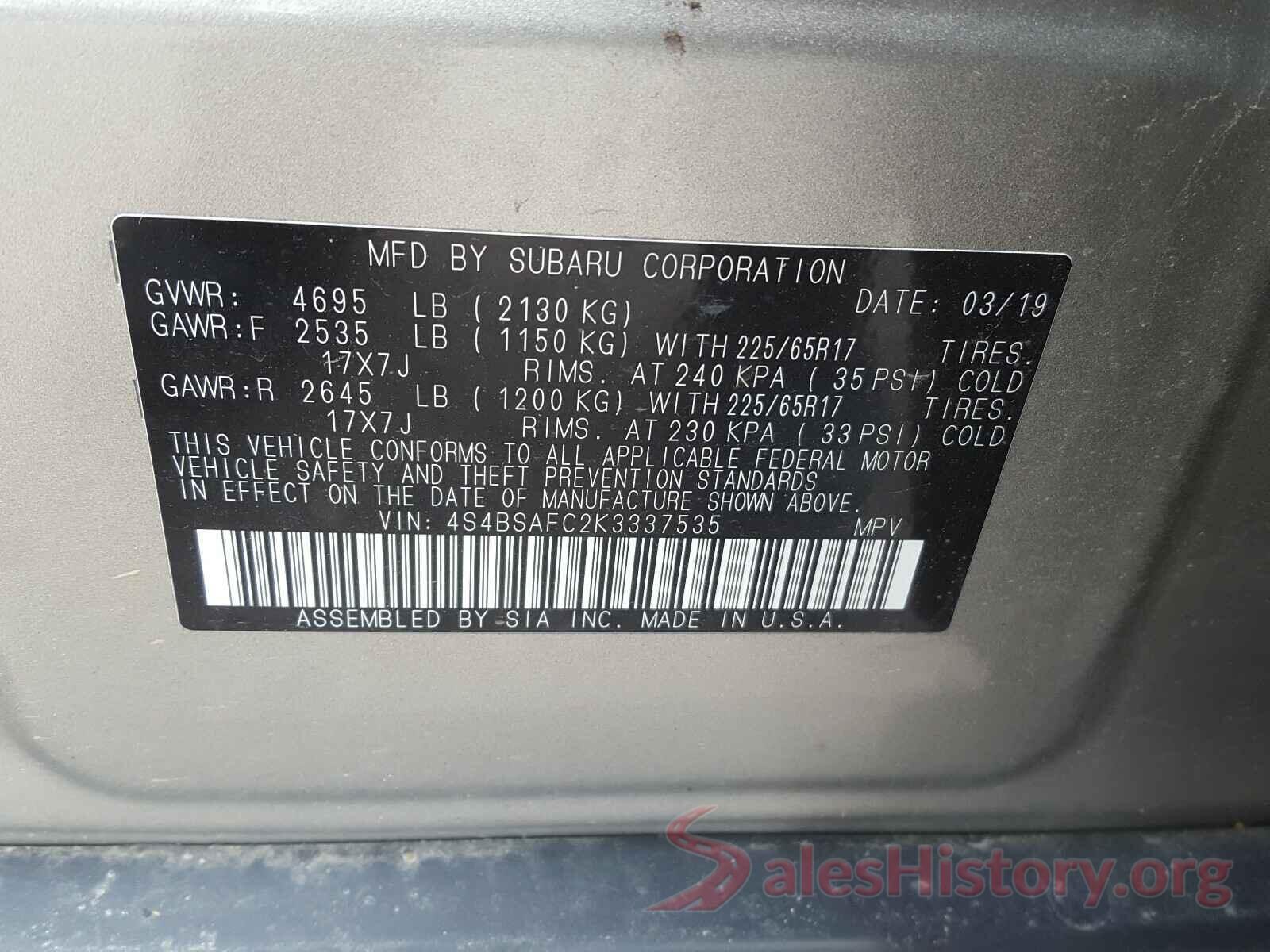 4S4BSAFC2K3337535 2019 SUBARU OUTBACK