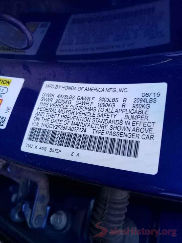 1HGCV2F35KA027124 2019 HONDA ACCORD