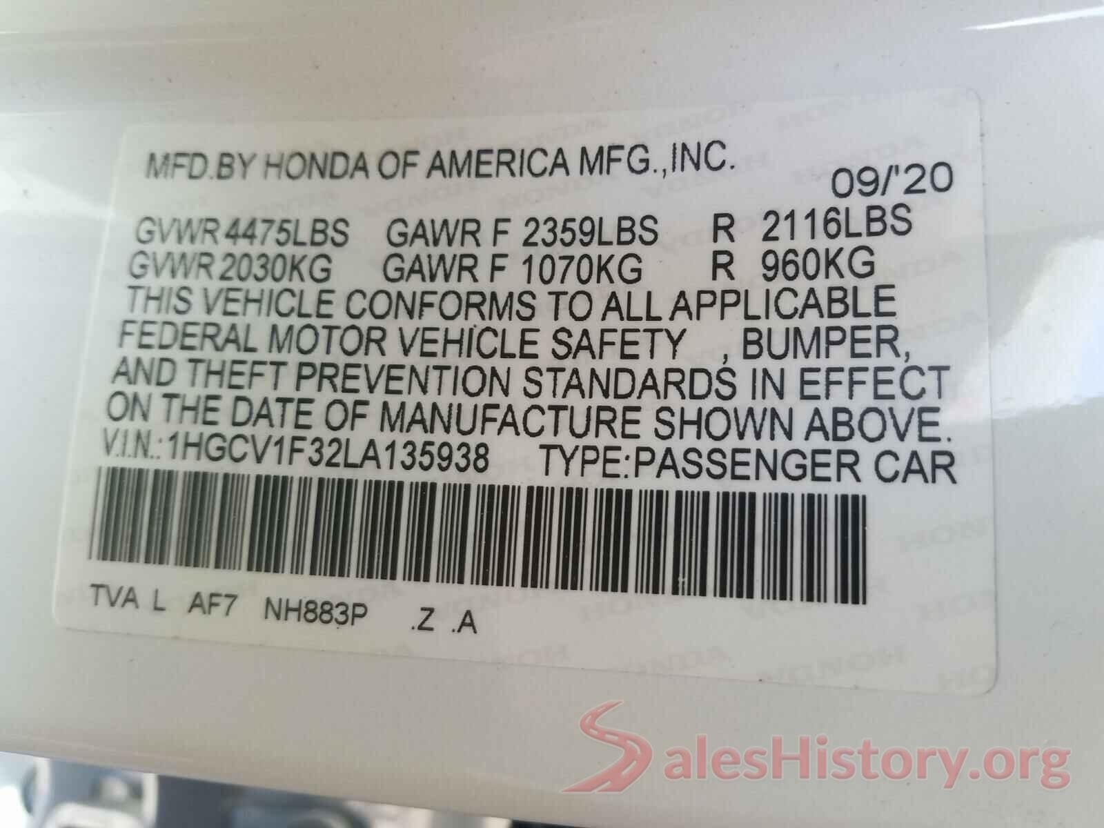 1HGCV1F32LA135938 2020 HONDA ACCORD