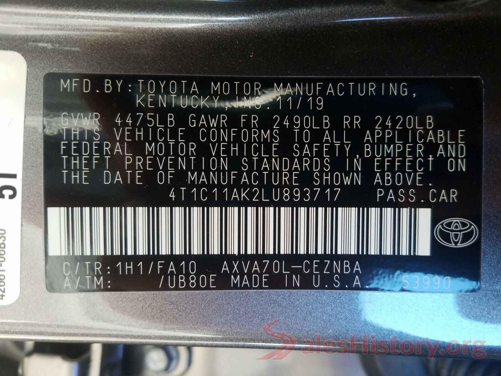 4T1C11AK2LU893717 2020 TOYOTA CAMRY