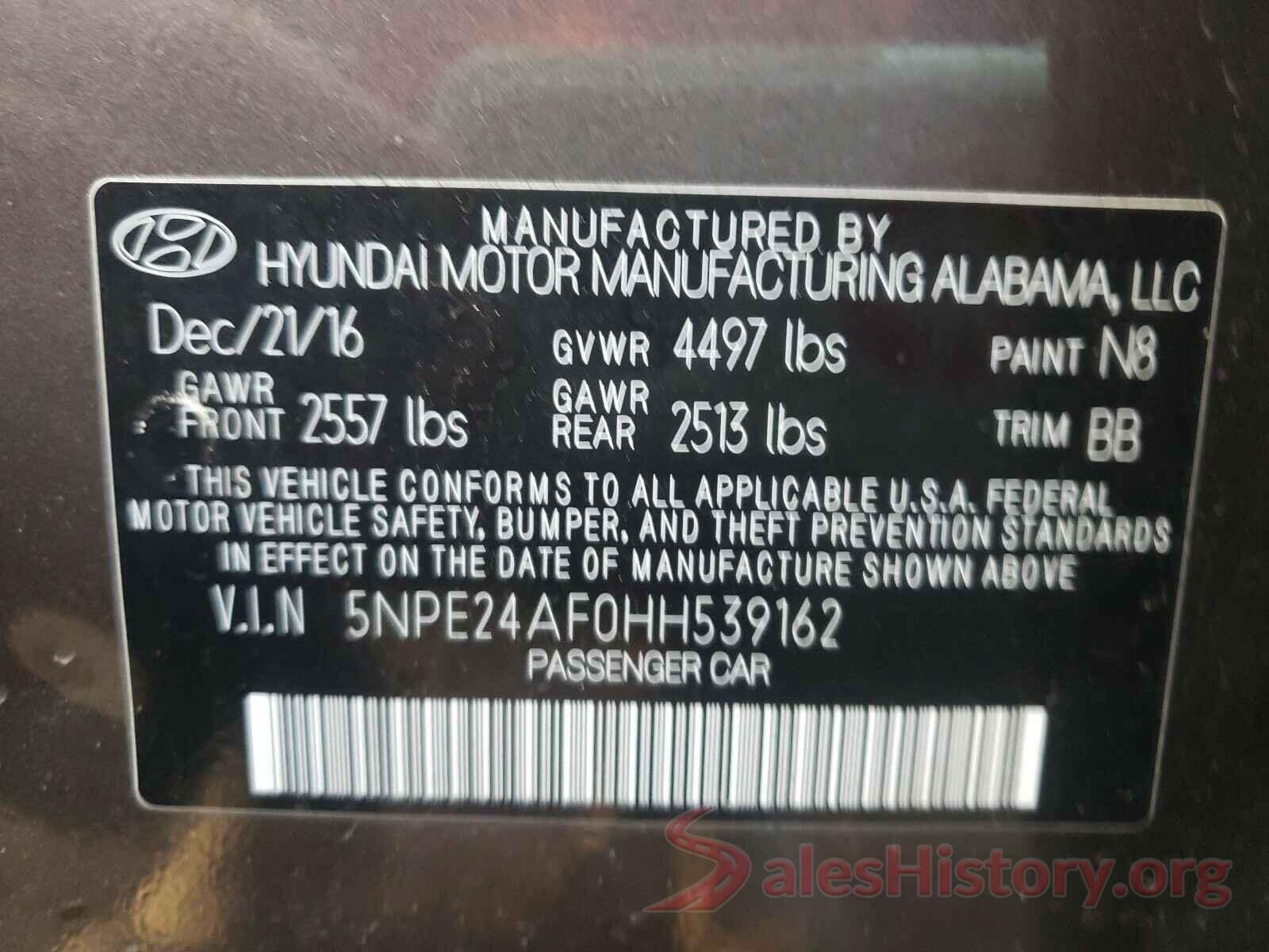 5NPE24AF0HH539162 2017 HYUNDAI SONATA