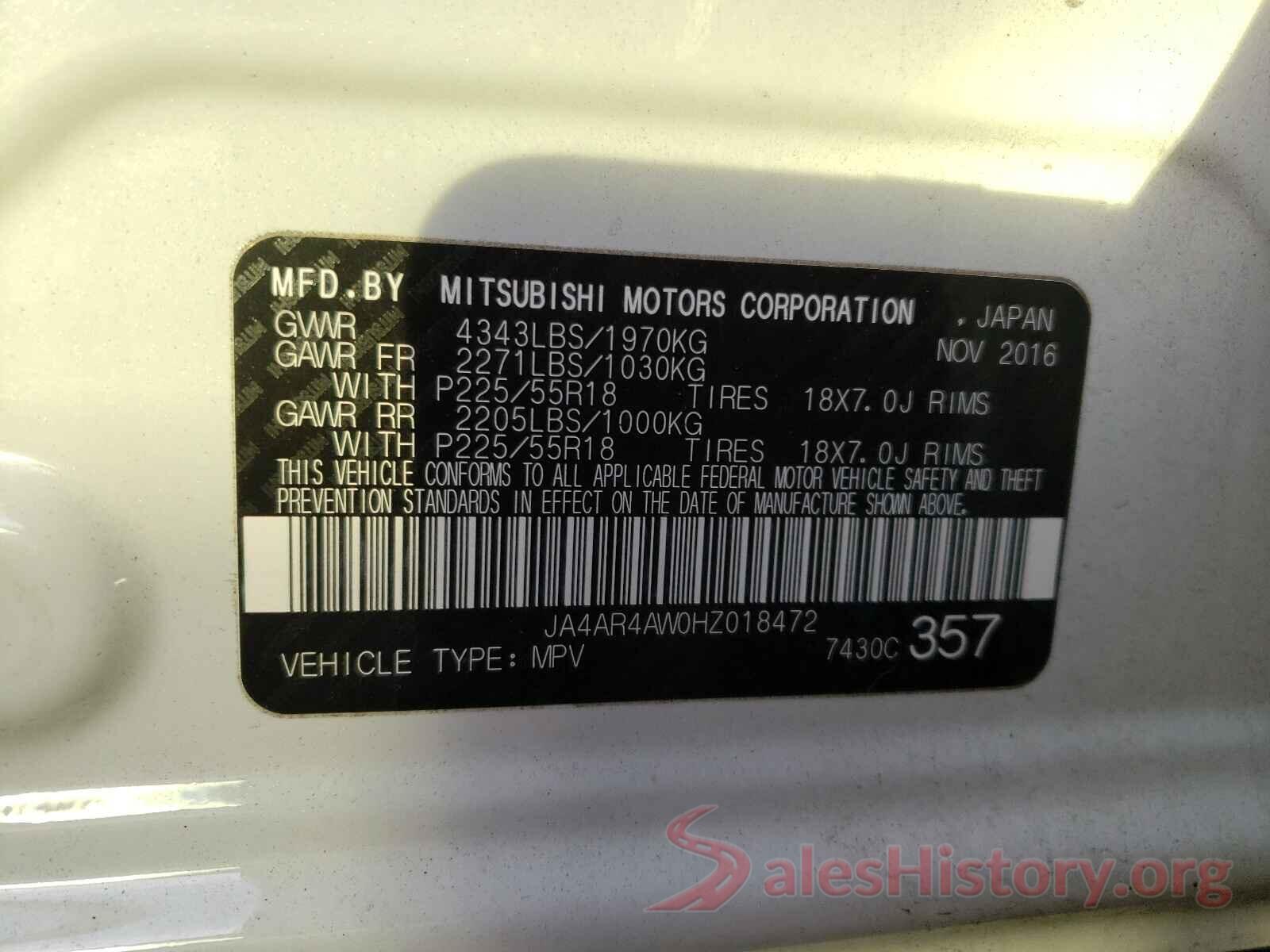 JA4AR4AW0HZ018472 2017 MITSUBISHI OUTLANDER