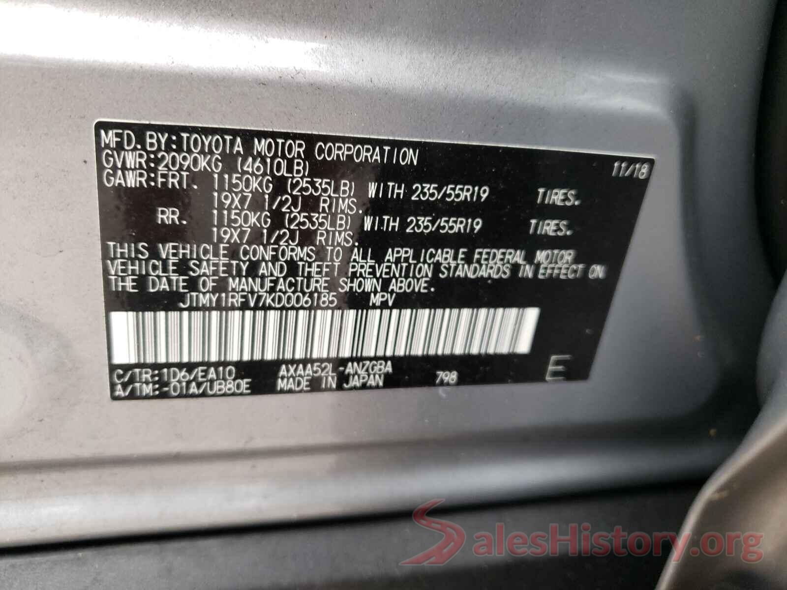 JTMY1RFV7KD006185 2019 TOYOTA RAV4