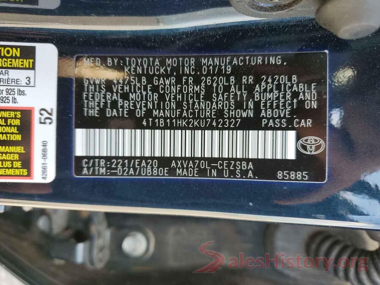 4T1B11HK2KU742327 2019 TOYOTA CAMRY