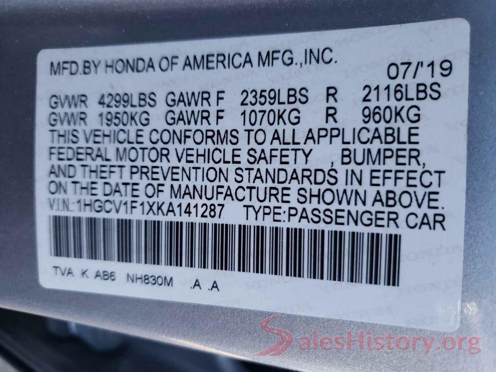 1HGCV1F1XKA141287 2019 HONDA ACCORD