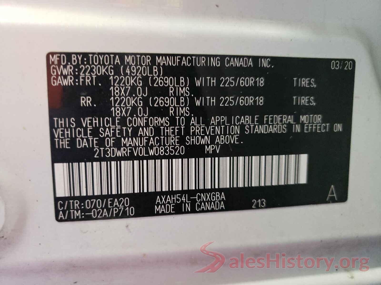 2T3DWRFV0LW083520 2020 TOYOTA RAV4