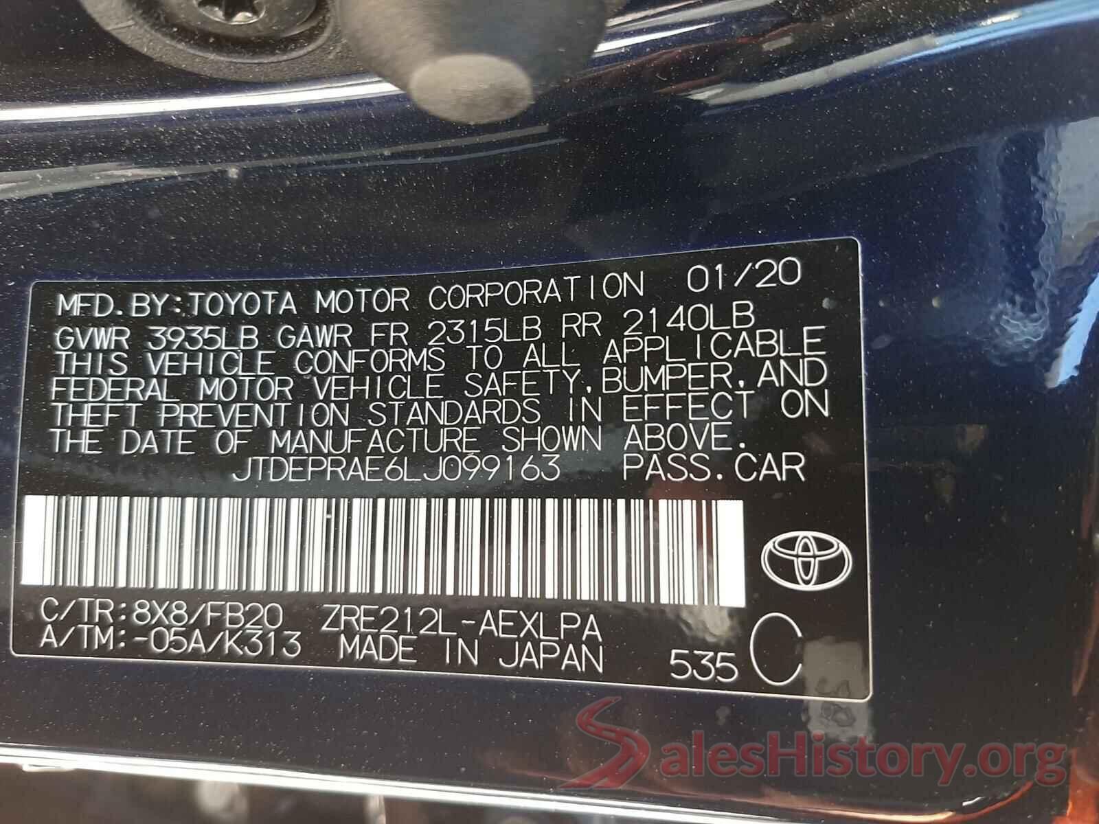 JTDEPRAE6LJ099163 2020 TOYOTA COROLLA