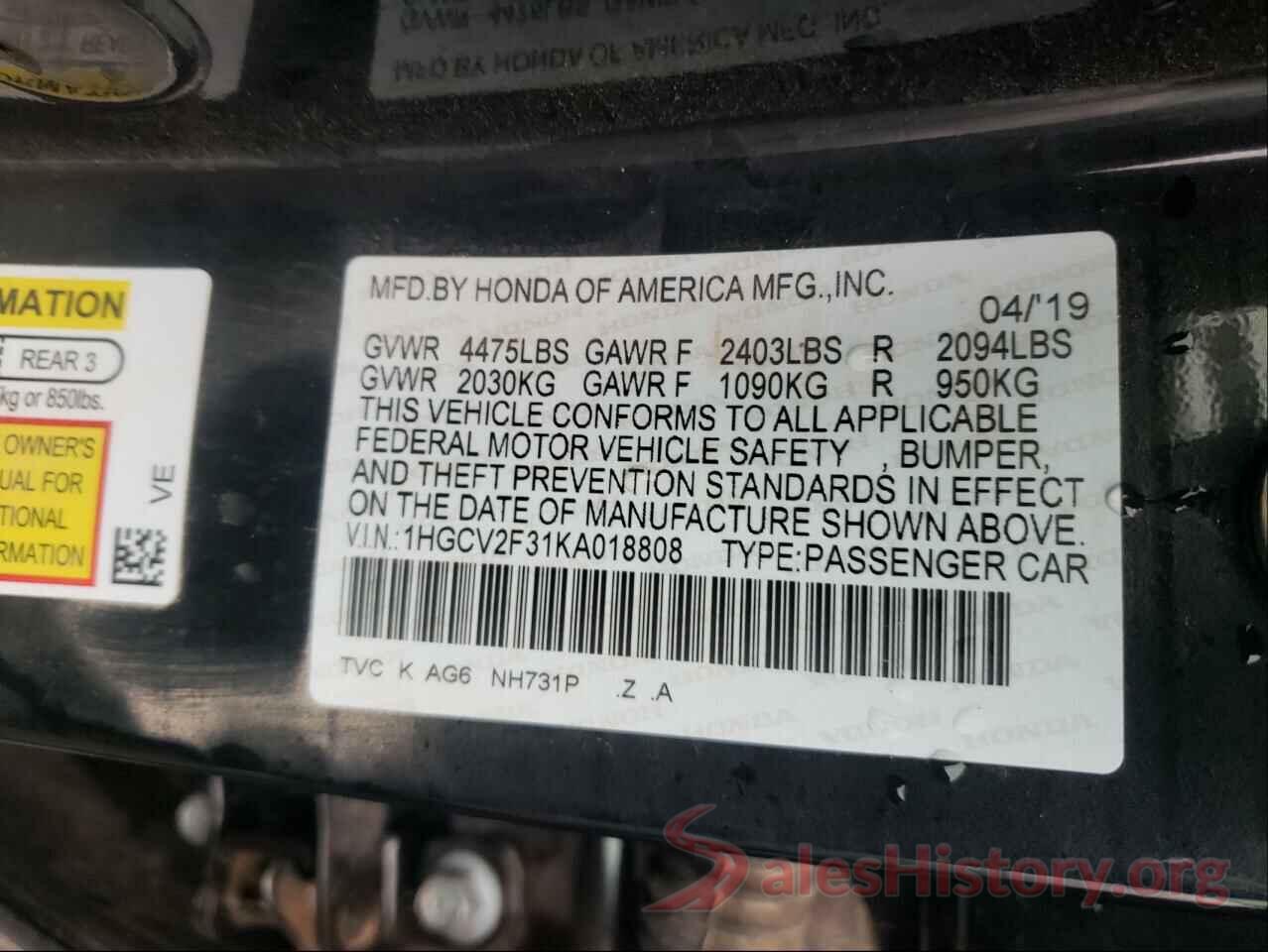 1HGCV2F31KA018808 2019 HONDA ACCORD