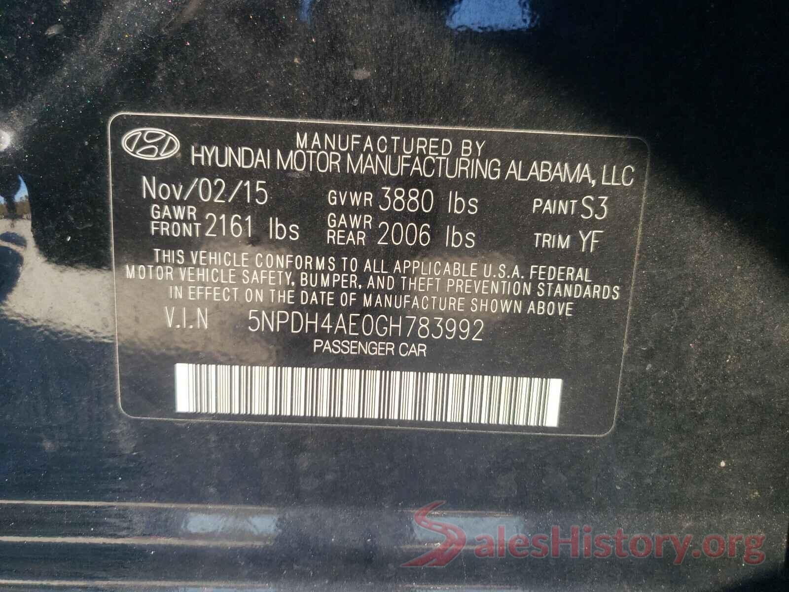 5NPDH4AE0GH783992 2016 HYUNDAI ELANTRA