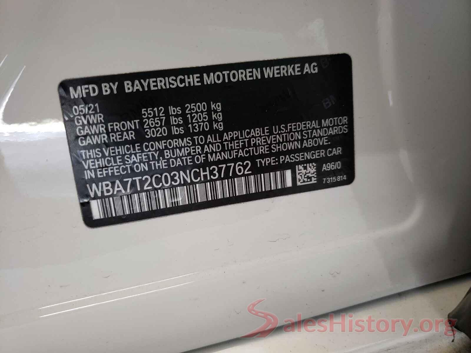 WBA7T2C03NCH37762 2022 BMW 7 SERIES