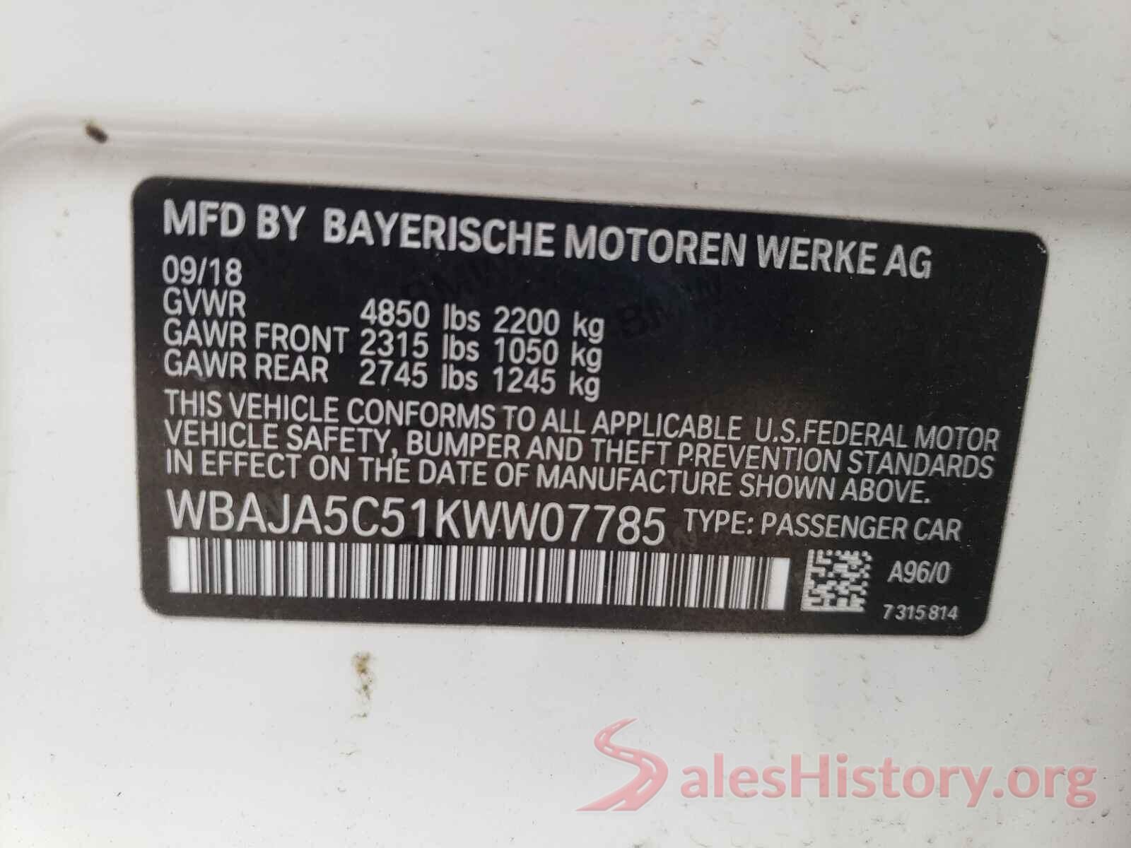 WBAJA5C51KWW07785 2019 BMW 5 SERIES