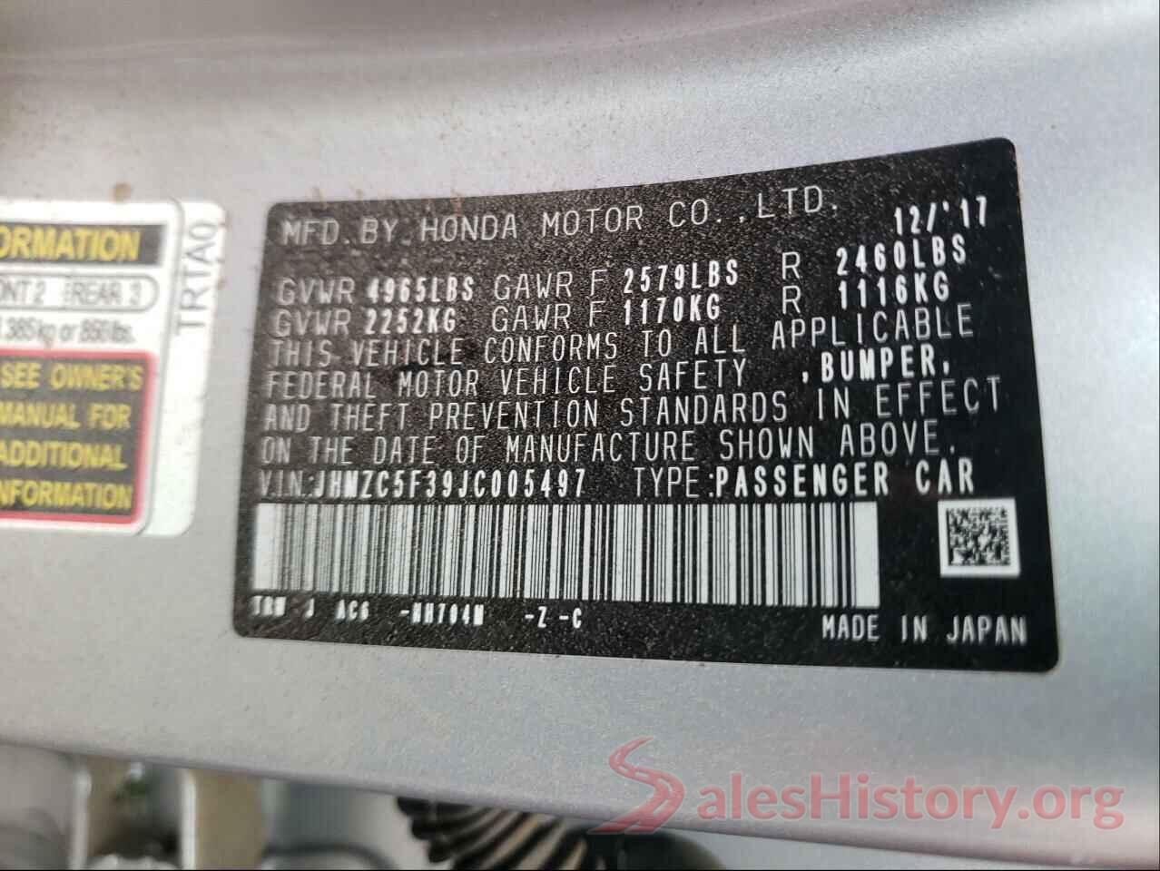 JHMZC5F39JC005497 2018 HONDA CLARITY