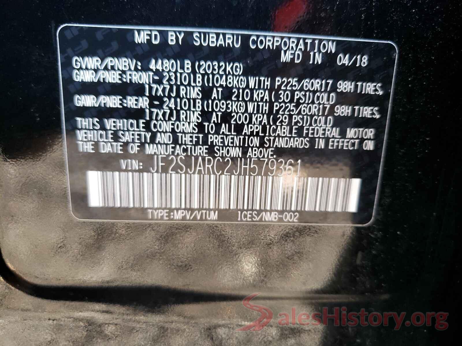 JF2SJARC2JH579361 2018 SUBARU FORESTER