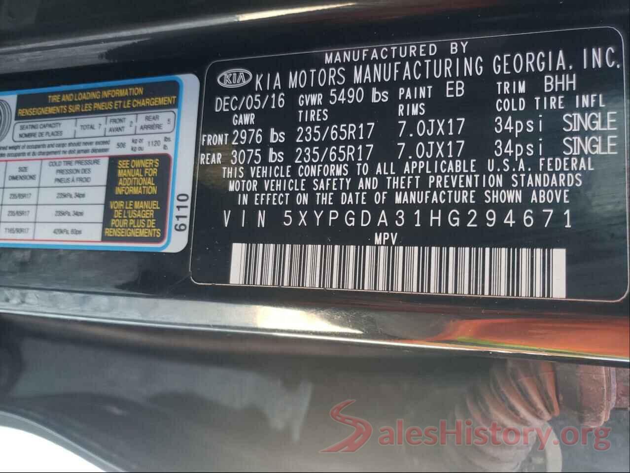 5XYPGDA31HG294671 2017 KIA SORENTO