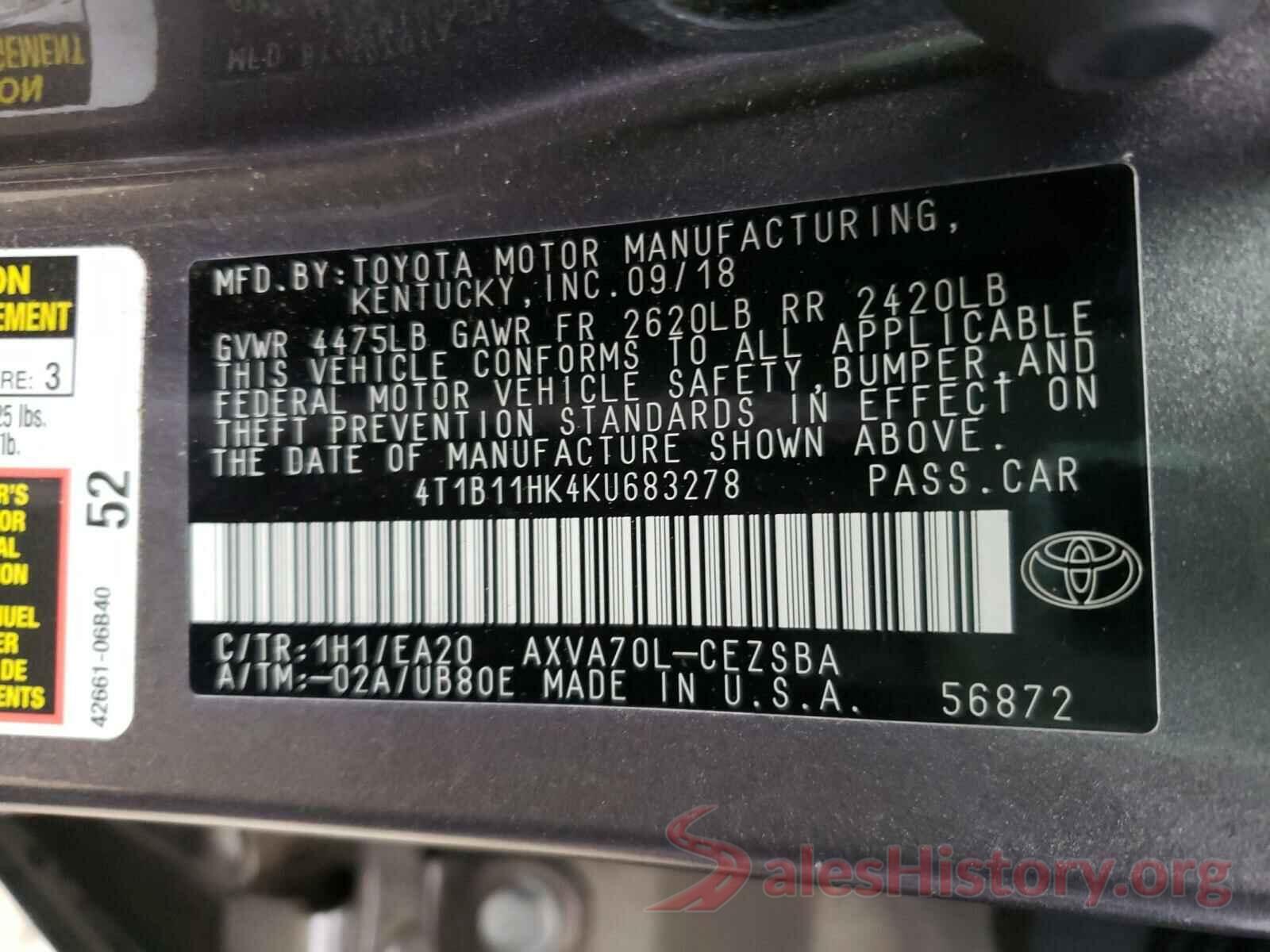 4T1B11HK4KU683278 2019 TOYOTA CAMRY