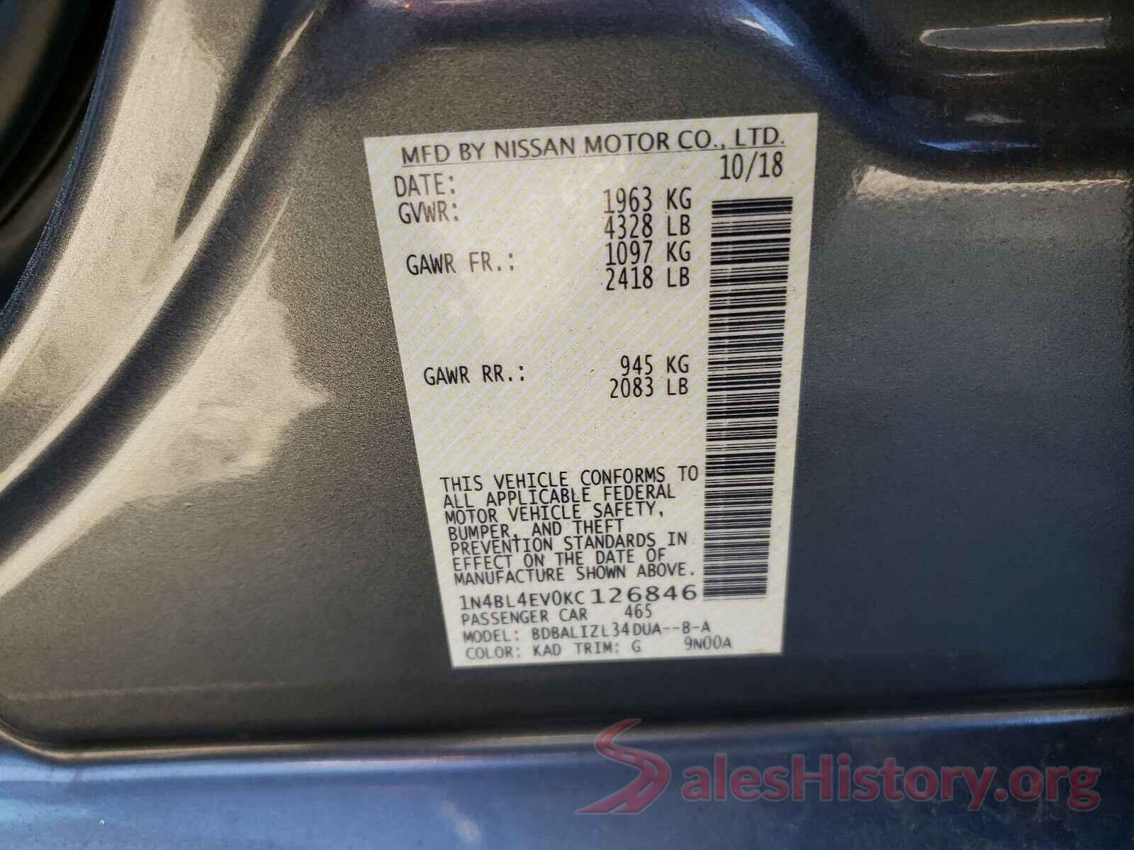 1N4BL4EV0KC126846 2019 NISSAN ALTIMA