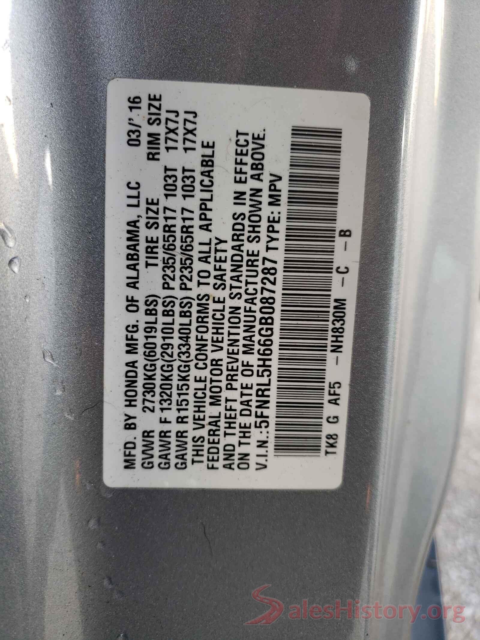 5FNRL5H66GB087287 2016 HONDA ODYSSEY