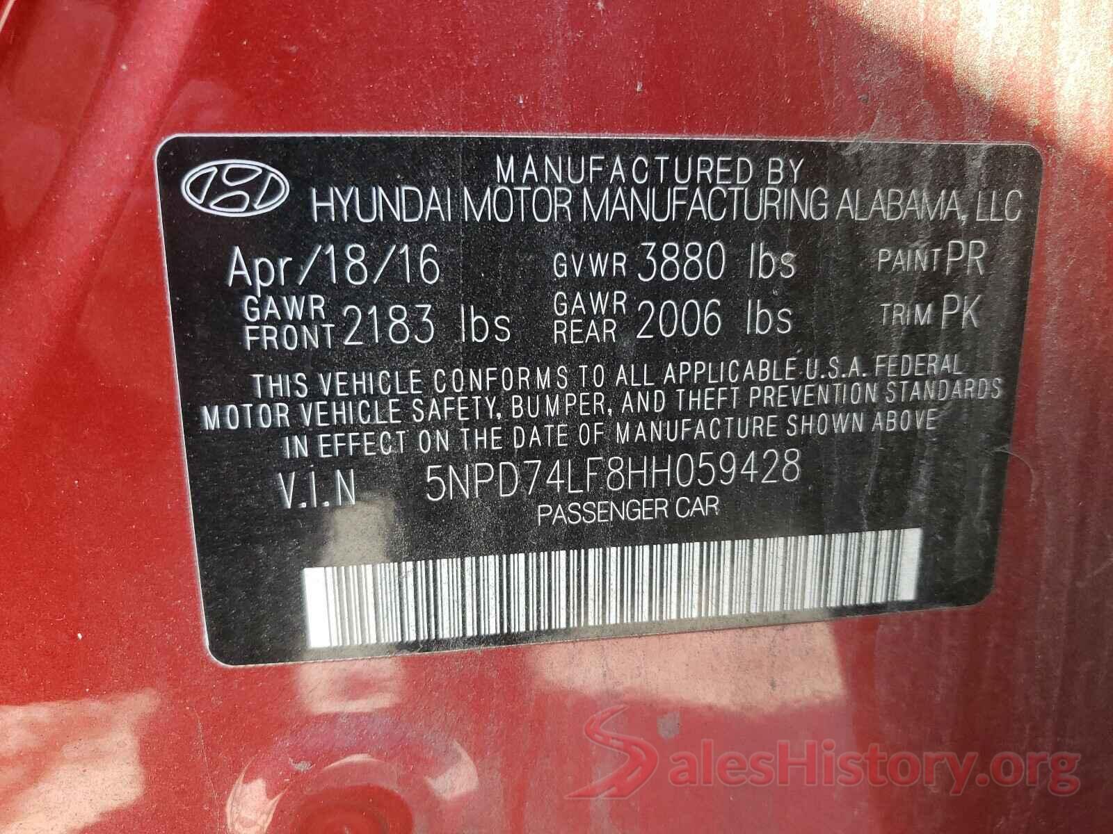 5NPD74LF8HH059428 2017 HYUNDAI ELANTRA