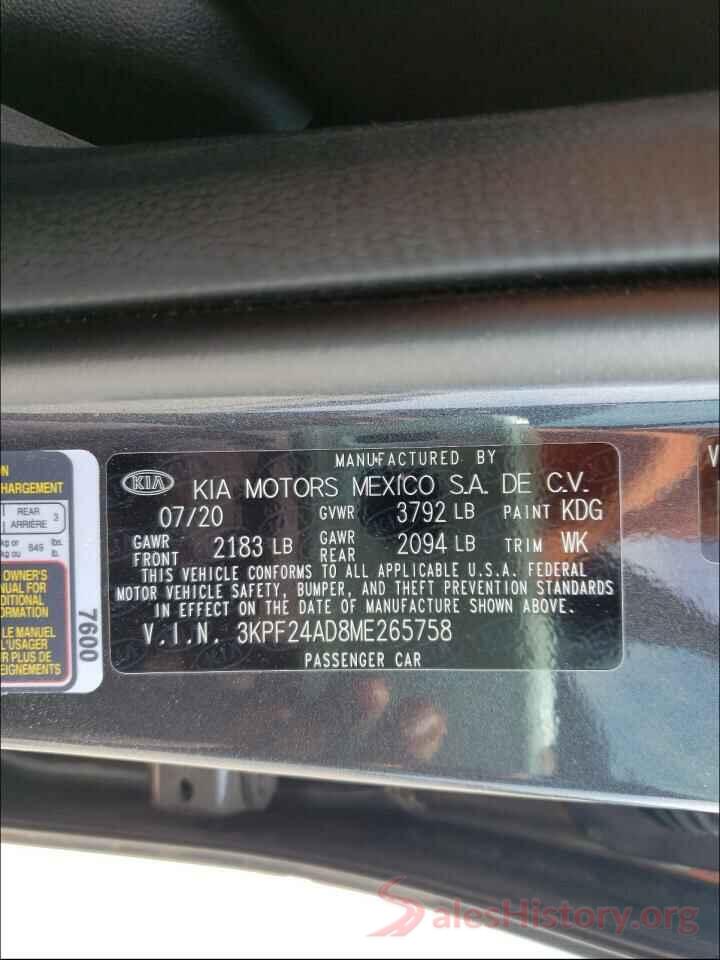 3KPF24AD8ME265758 2021 KIA FORTE