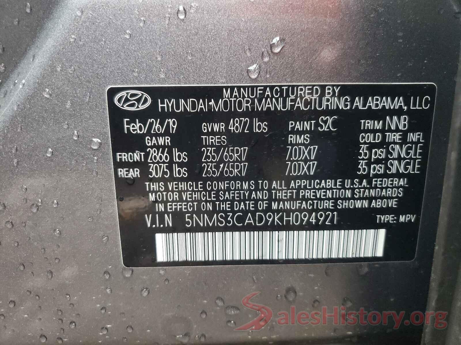 5NMS3CAD9KH094921 2019 HYUNDAI SANTA FE