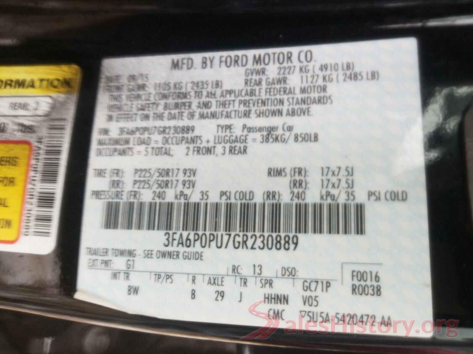 3FA6P0PU7GR230889 2016 FORD FUSION