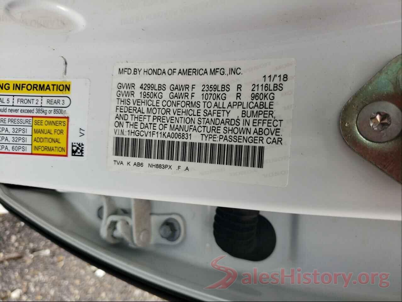 1HGCV1F11KA006831 2019 HONDA ACCORD