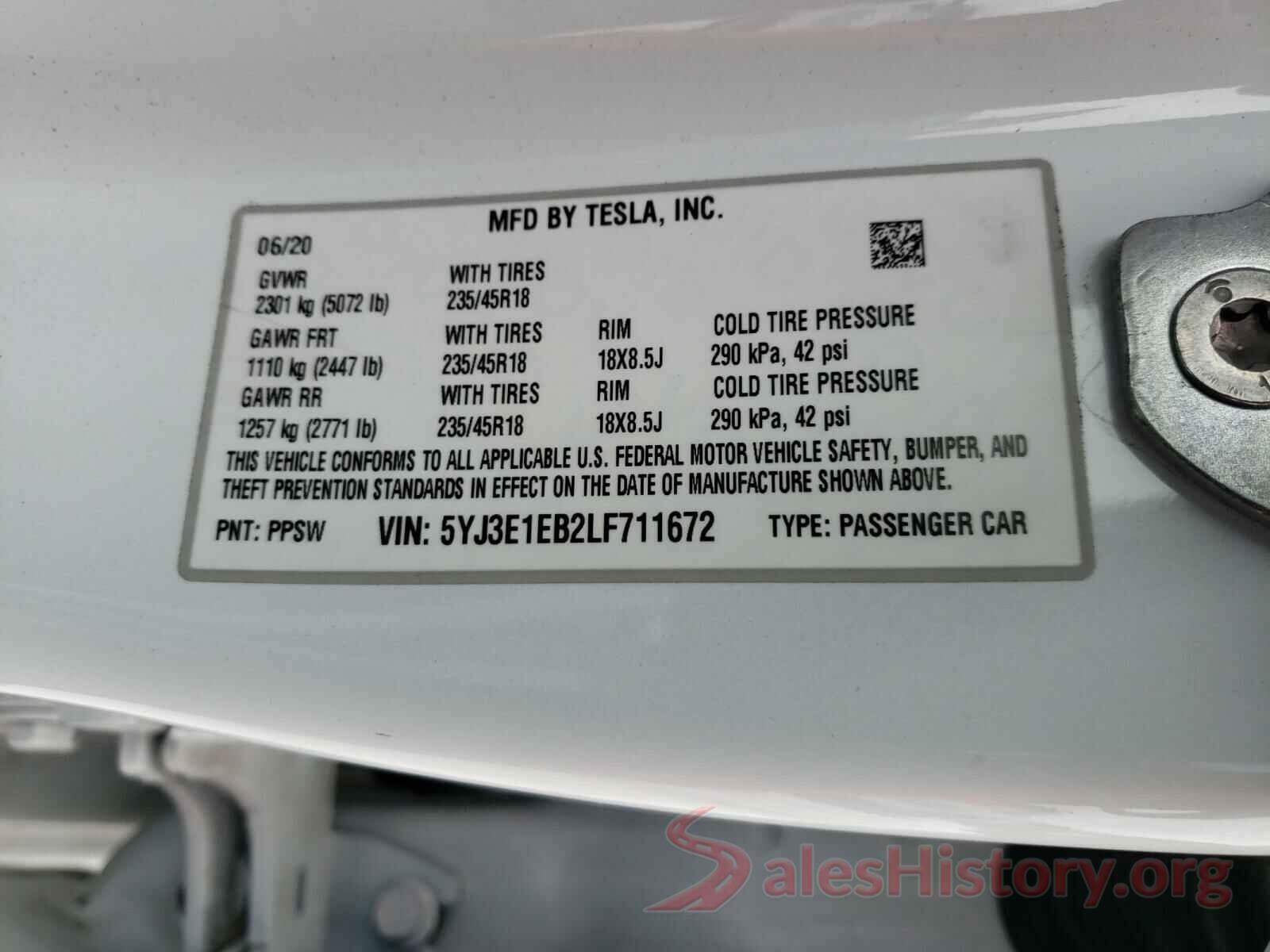 5YJ3E1EB2LF711672 2020 TESLA MODEL 3