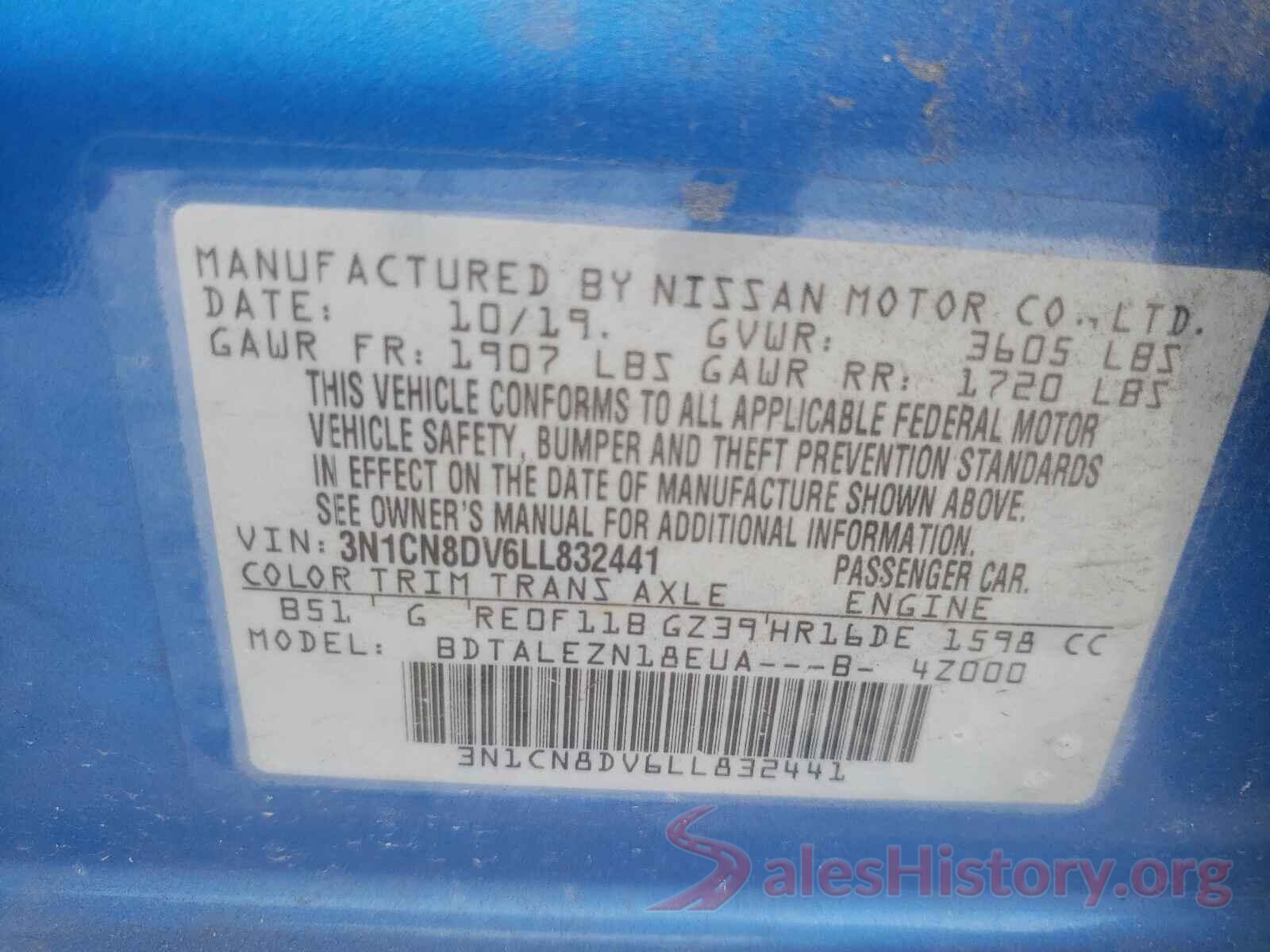 3N1CN8DV6LL832441 2020 NISSAN VERSA