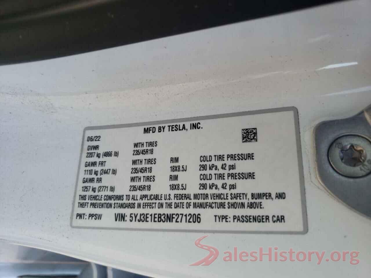 5YJ3E1EB3NF271206 2022 TESLA MODEL 3