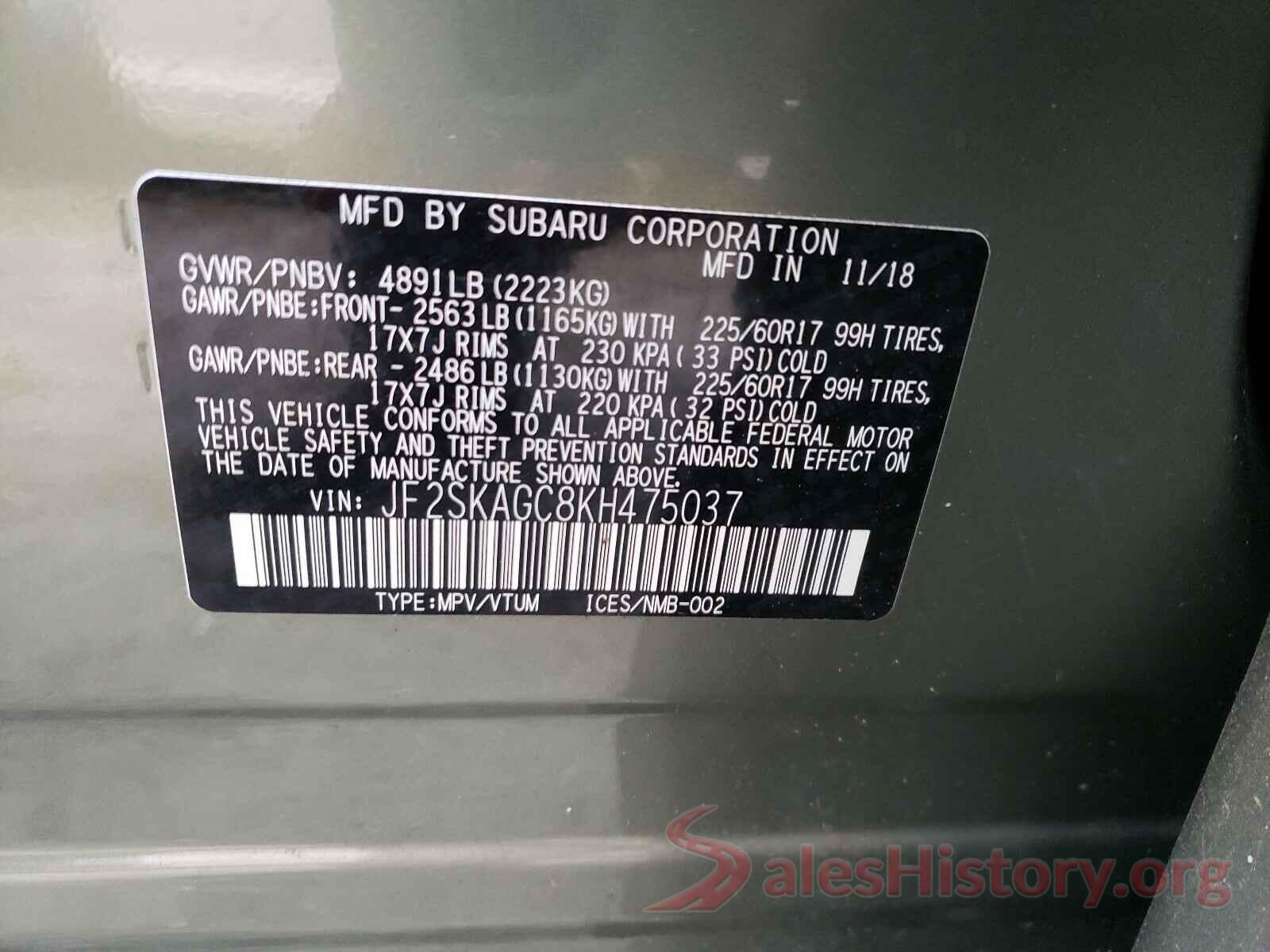 JF2SKAGC8KH475037 2019 SUBARU FORESTER