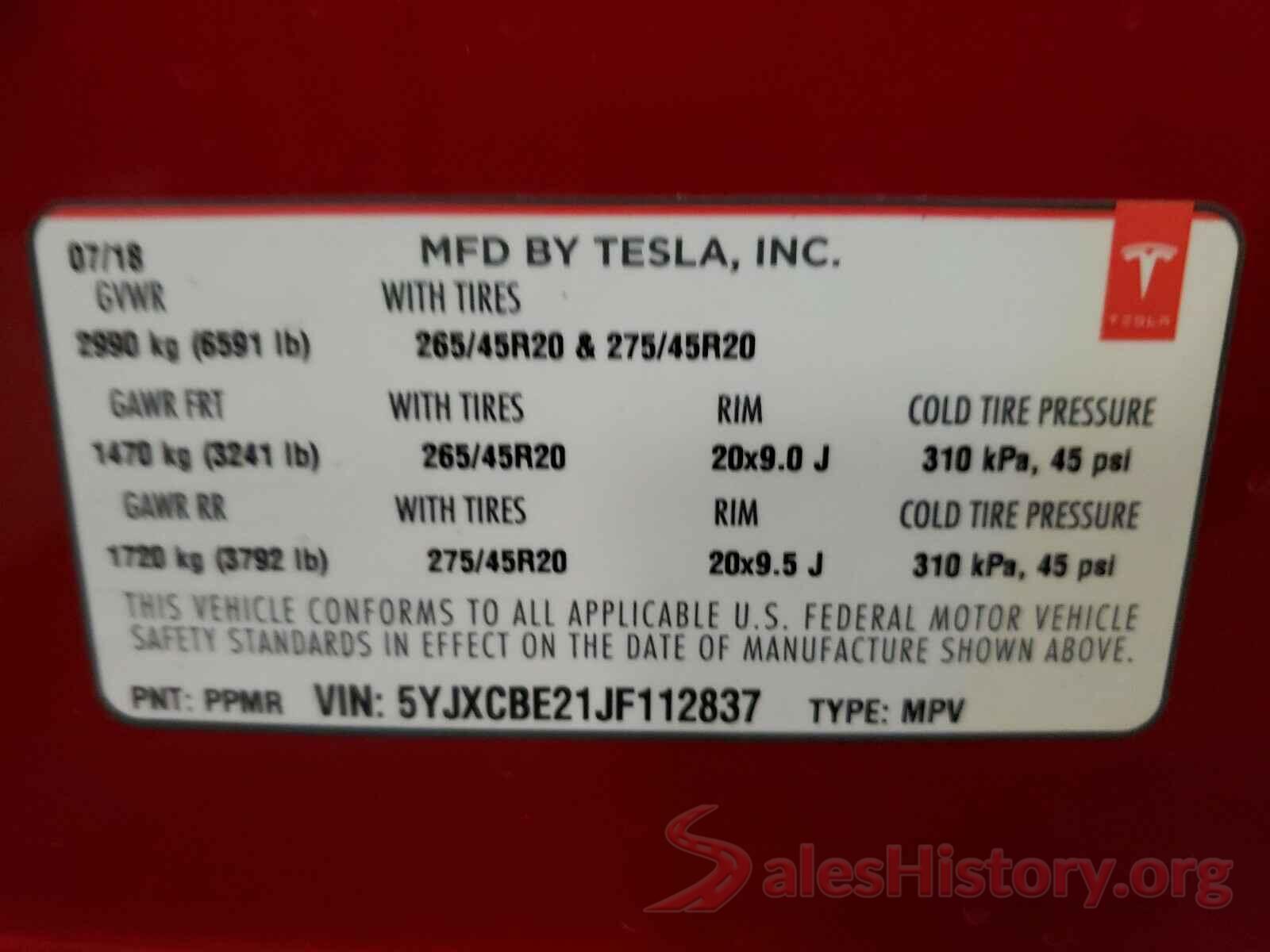 5YJXCBE21JF112837 2018 TESLA MODEL X